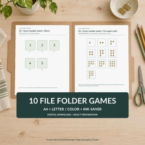 May include: A brown file folder containing two printed activity sheets titled 01 Acorn number match. The left sheet features numbers one through five in squares, while the right sheet displays corresponding sets of acorns in small square cards.
