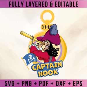May include: A colorful illustration of Captain Hook from Peter Pan. He is holding a spyglass and standing in front of a clock. The text "CAPTAIN HOOK" is written below him.