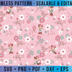Op de afbeelding: Een naadloos patroon met een roze achtergrond met witte, roze en blauwe bloemen, bladeren en een herhalend patroon van een cartoonmuis in een rode jurk en een strik.