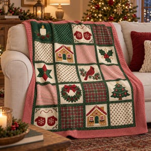 Può includere: Una trapunta patchwork caratterizzata da una griglia di quadrati con motivi natalizi tra cui casette di pan di zenzero, muffole rosse, un cardinale, un albero di Natale, una ghirlanda, agrifoglio e una candela, bordata da un tessuto a quadretti rossi e bianchi.