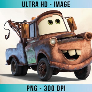 May include: A cartoon image of a rusty tow truck with a friendly face. The truck has large teeth, big eyes, and a tow hook. The text "ULTRA HD - IMAGE" and "PNG - 300 DPI" are visible.