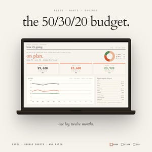 Puede incluir: Una pantalla de portátil que muestra un panel de presupuesto 50/30/20 con el texto 'the 50/30/20 budget.' en la parte superior y 'one log. twelve months.' en la inferior. La interfaz incluye gráficos financieros, tablas y libras esterlinas.