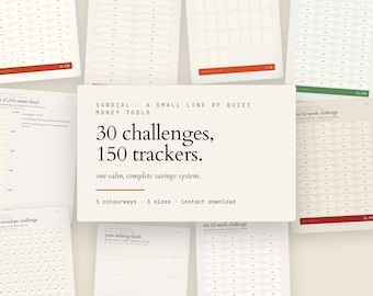 Lot imprimable « Savings Challenge », 150 suivis d'économies d'argent, 30 défis en 5 couleurs, classeur budgétaire format A4 US Letter A6 Cash Farce PDF