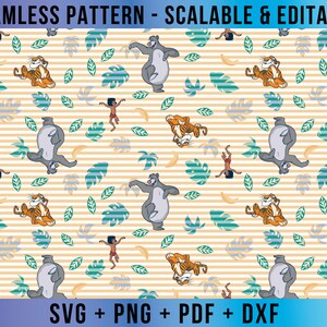 May include: A seamless pattern featuring a jungle scene with a striped tiger, a brown bear, a man in a loincloth, and green leaves on a yellow and white striped background. The text "SEAMLESS PATTERN - SCALABLE & EDITABLE" is at the top of the image. The text "SVG + PNG + PDF + DXF" is at the bottom of the image.