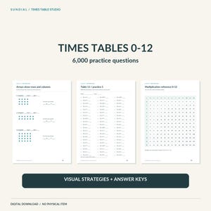 May include: A digital educational resource titled TIMES TABLES 0-12 with 6,000 practice questions. The document includes three pages showing arrays, multiplication practice for table 11, and a multiplication reference chart from 0 to 12.