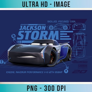 Puede incluir: Un coche de carreras de dibujos animados negro y azul con las palabras "Jackson Storm" en letras azules. El coche tiene una franja azul a lo largo del lateral y el número 20 en la puerta. El texto "Motor: Rendimiento máximo V-8 con 850 CV" está debajo del coche.