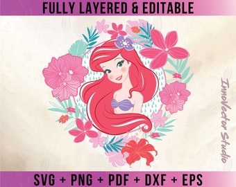Prinses Ariel Premium gelaagde SVG-vector voor Cricut en silhouet digitaal bestand downloaden png-pdf-dxf-clipart ARDD06