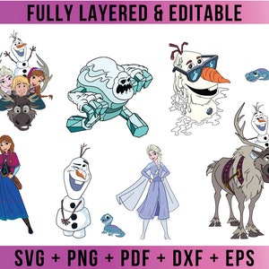 May include: A set of nine digital cut files featuring characters from the animated film Frozen. The characters include Olaf, Elsa, Anna, Sven the reindeer, Kristoff, and the snow monster. The files are available in SVG, PNG, PDF, DXF, and EPS formats.