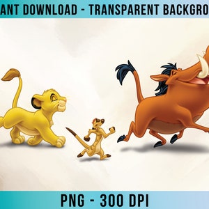 May include: A digital illustration of three characters from the movie The Lion King.  The characters are Simba, Pumbaa, and Timon.  Simba is a yellow lion cub, Pumbaa is a brown warthog, and Timon is a meerkat.  The characters are running and smiling.