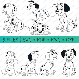 Pode incluir: Oito ilustrações em preto e branco de filhotes dálmatas em várias poses. Os filhotes estão todos olhando para a frente e têm manchas nos seus corpos. As ilustrações são de estilo cartoon.