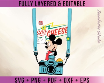 Mickey Say Cheese Camera Premium en couches vecteur SVG pour Cricut et Silhouette téléchargement de fichier numérique Png Pdf Dxf Clipart MMDD52