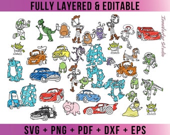 Bundle de 35 personnages pour enfants, vecteur SVG de qualité supérieure pour Cricut et téléchargement de fichier numérique Silhouette Png Pdf Dxf Clipart TSTDD13