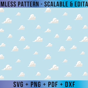 May include: A seamless pattern featuring white clouds on a light blue background. The pattern is scalable and editable. The text "SVG + PNG + PDF + DXF" is at the bottom of the image.