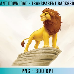May include: A cartoon lion with a brown mane stands on a rock formation. The lion is looking to the left and has a serious expression. The background is a light brown colour.