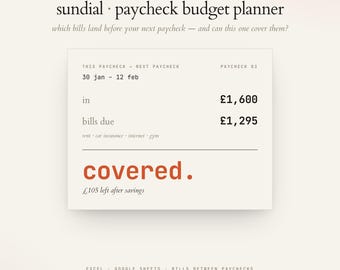 Gehaltsabrechnungsbudgetplaner, zweiwöchentliche Budgettabelle für Excel und Google Sheets, Rechnungen zwischen Gehaltsabrechnungen, wöchentlicher halbmonatlicher Gehaltszyklus-Tracker
