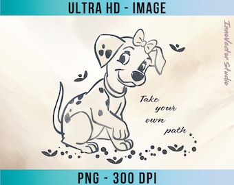 May include: A black and white line drawing of a Dalmatian puppy wearing a pink bow. The puppy is sitting with its head turned to the right and its tail curled behind it. The text "Take your own path." is written below the puppy.