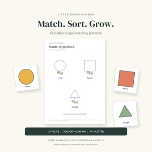 Puede incluir: Un imprimible de emparejamiento de formas para preescolares titulado Little Shape Garden: Match. Sort. Grow. La página muestra contornos de círculo, cuadrado y triángulo con tallos de flores. Incluye tarjetas con un círculo amarillo, cuadrado naranja y triángulo verde.