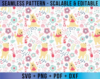Patrón sin costuras de Piglet Pooh Vector SVG editable para Cricut y Silhouette Archivo digital Descarga Png Pdf Dxf Eps WTPDD41