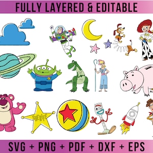 May include: A set of 14 colorful cartoon illustrations featuring characters from the Toy Story franchise. The characters include Woody, Buzz Lightyear, Jessie, Rex, Hamm, Slinky Dog, Mr. Potato Head, and more. The illustrations are perfect for use in crafts, scrapbooking, or digital design.