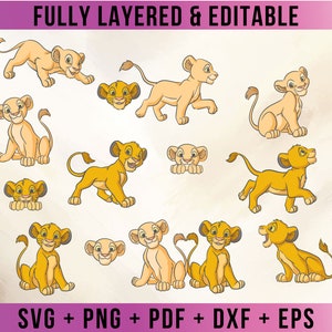May include: A set of 12 digital clipart images featuring various poses of a cartoon lion cub. The lion cubs are in different colors, including yellow, orange, and brown. The images are fully layered and editable, making them perfect for crafting projects, scrapbooking, and more.