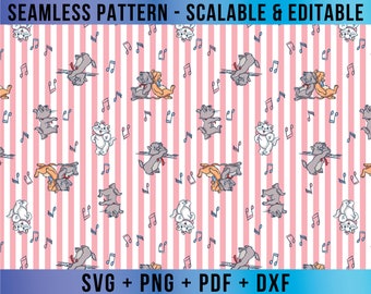 Les aristochats modèle sans couture vectoriel SVG modifiable pour Cricut et Silhouette téléchargement de fichier numérique Png Pdf Dxf Eps ARCDD07