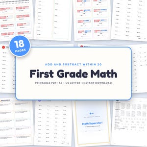 May include: A collection of 18 printable maths worksheets for first grade, featuring addition and subtraction problems within 20. The pages include ten-frame exercises, word problems, and a Math Superstar certificate, all in a clean, white layout.
