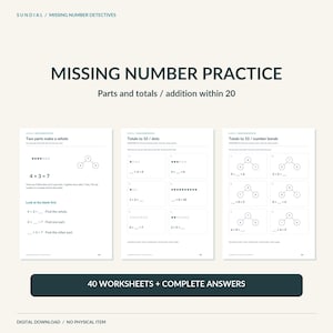 Op de afbeelding: Een set van drie educatieve werkbladen getiteld Missing Number Practice, met oefeningen over delen en totalen met optellen tot 20. De pagina's bevatten puntdiagrammen, getallenparen en lege vakjes voor vergelijkingen.