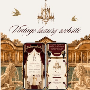 Peut inclure: Deux smartphones affichant un design de site web de mariage au style vintage. Les écrans présentent des rideaux rouge foncé, un lustre doré et du texte incluant les noms Farid Elmorshedy et Basma Elshafai, ainsi que la date du 16 septembre 2026.