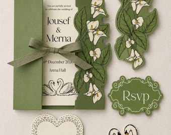 Calla Lelie Trouwuitnodigingenset, Uitgesneden Gatefold, RSVP-kaart met Zwaan