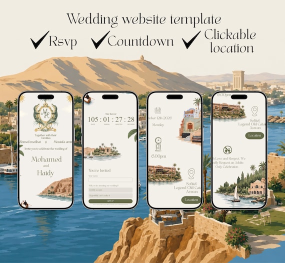 Luxury Wedding Website Template, Illustrated Save the Date, Canva RSVP Invitation, Editable