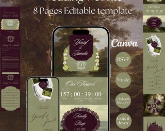Vintage bordeauxrode trouwwebsite-template | RSVP, afteltimer, muziek en klikbare locatie