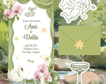 Trouwuitnodiging met zwaanmotief, groene callalelie en orchidee | Aquarel bloemenuitnodiging