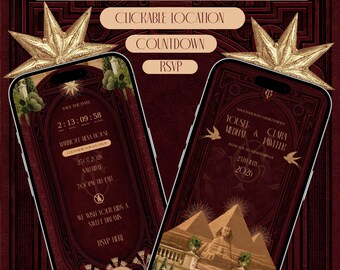 Luxe bordeauxrode trouwwebsite | met op maat gemaakte locatie-illustratie, RSVP-functie en aftelfunctie