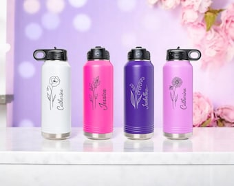 Personalized Birth Flower Water Bottle, Birth Month Engraved Water Bottle, Custom Name Bottle, Bridesmaid Proposal Gift, Flower Custom Gift