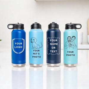 Custom Logo Custom Name Water Bottle, Personalized Laser Engraved Water Bottle w Straw, Sport Team Water Bottle, Bulk Company Gift