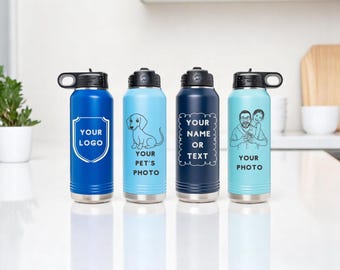 Custom Logo Custom Name Water Bottle, Personalized Laser Engraved Water Bottle w Straw, Sport Team Water Bottle, Bulk Company Gift