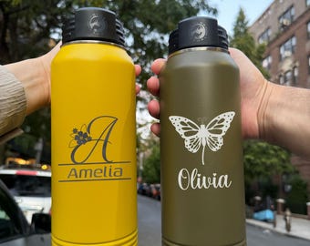 Personalized Laser Engraved Water Bottle w Straw, 20oz 32oz 40oz Custom Logo Custom Name Water Bottle, Insulated Water Bottle, Gift for Her