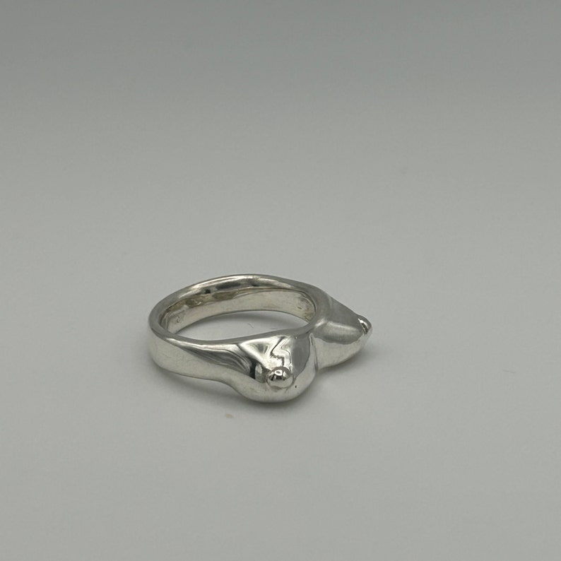 May include: A silver ring with a unique design featuring two raised bumps on the top.