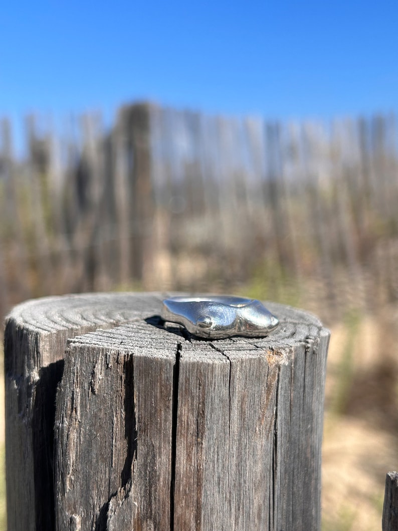 May include: A silver ring with a unique, abstract design. The ring is sitting on a weathered wooden post.