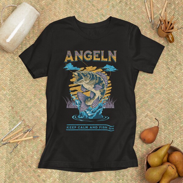 Angler T-shirt with playful fish design, Keep calm and fish on, gift for anglers