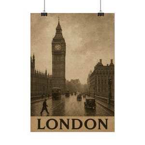 Pôster vintage da cidade de Londres - Impressão retrô do Big Ben e do horizonte - Arte de parede da Inglaterra - Arte nostálgica - Decoração de sala de estar - Decoração de casa