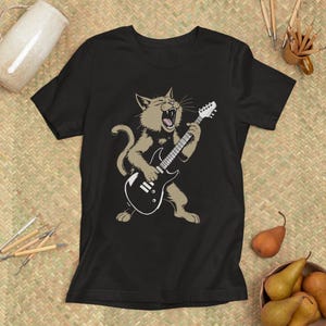 Funny Rock Cat T-Shirt | Metal Guitar Kitty Tee | Gift for Musicians and Cat Lovers | Cool Unisex Band Shirt for Men & Women