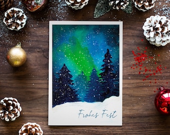 Pack of 5 Christmas cards "Northern Lights in the Winter Forest", watercolor print, postcard format A6 postcard without envelope