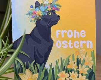 Tarjeta plegable pintada a mano con saludo de Pascua Feliz Pascua "Gato con corona de flores" narcisos flores de primavera