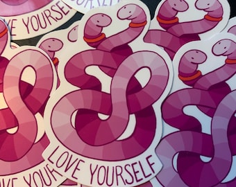 Illustrated vinyl sticker "Love yourself earthworm" - Original gift for friends, siblings, gift for me