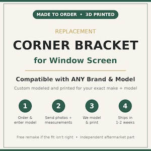 May include: A graphic advertisement for a 3D printed replacement corner bracket for a window screen. The text reads: MADE TO ORDER, 3D PRINTED, REPLACEMENT CORNER BRACKET for Window Screen, Compatible with ANY Brand & Model, and four numbered steps.