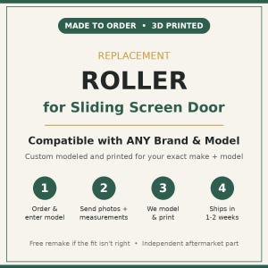 May include: A 3D printed replacement roller for a sliding screen door. The text reads: MADE TO ORDER, 3D PRINTED, REPLACEMENT ROLLER for Sliding Screen Door, Compatible with ANY Brand & Model, Custom modeled and printed for your exact make + model.