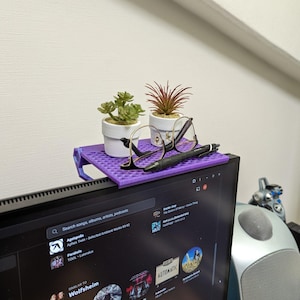May include: A purple plastic monitor shelf with a honeycomb pattern holds two small white pots containing artificial green and reddish-brown succulents, a pair of black-rimmed eyeglasses, and a black retractable ballpoint pen.