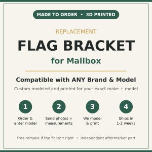 Puede incluir: Un soporte de bandera de repuesto impreso en 3D para buzón. El texto dice: MADE TO ORDER, 3D PRINTED, REPLACEMENT FLAG BRACKET for Mailbox, Compatible with ANY Brand & Model, Custom modeled and printed for your exact make + model.