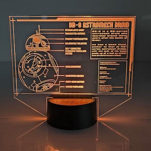 May include: A BB-8 Astromech Droid night light. The clear acrylic panel features an etched diagram of the droid with labeled parts. The base is black and illuminated with a warm orange glow. Text on the panel describes the droid's features.